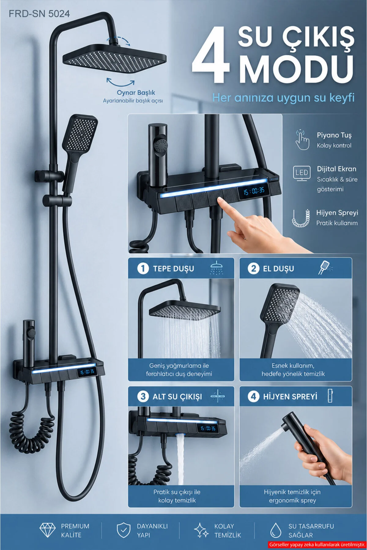Piyano Tuşlu Dijital Duş Seti Freddo 4 Fonksiyonlu Led Ambiyans Işıklı Termostatik Akıllı Duş Seti, Yağmurlama Tepe Duş + El Duşu + Banyo Bataryası Antrasit Frd-sn 5024 Siyah Piyano Tuşlu Dijital Duş Seti Freddo 4 Fonksiyonlu Led Ambiyans Işıklı Termostatik Akıllı Duş Seti, Yağmurlama Tepe Duş + El Duşu + Banyo Bataryası Antrasit Frd-sn 5024 Siyah