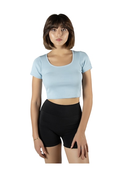 Terapi Men Açık Mavi Havuz Yaka Fitted/vücuda Oturan Kısa Kol Crop Tişört Açık Mavi