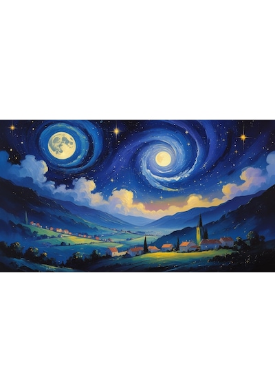 Doğa Ve Manzara Yatay Sessiz Bir Köyün Üzerinde Yıldızlı Gece Parlayan Ay 08 Çerçevesiz 90x60cm Pvc Tablo