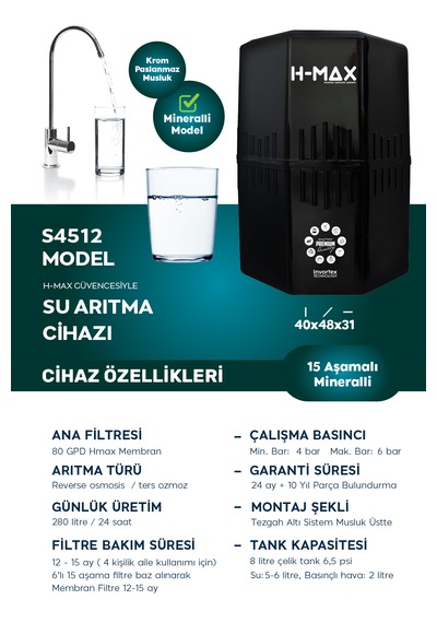 12 L Çelik Tank 15 Aşama Multi Mineral Su Arıtma Cihazı Hmaxs4512