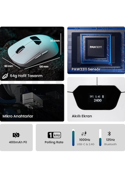 Aula Sc390 Paw3311 Sensör 20000 Dpı 1000hz Kablolu Ve Kablosuz Gaming Oyuncu Mouse Beyaz Sc390
