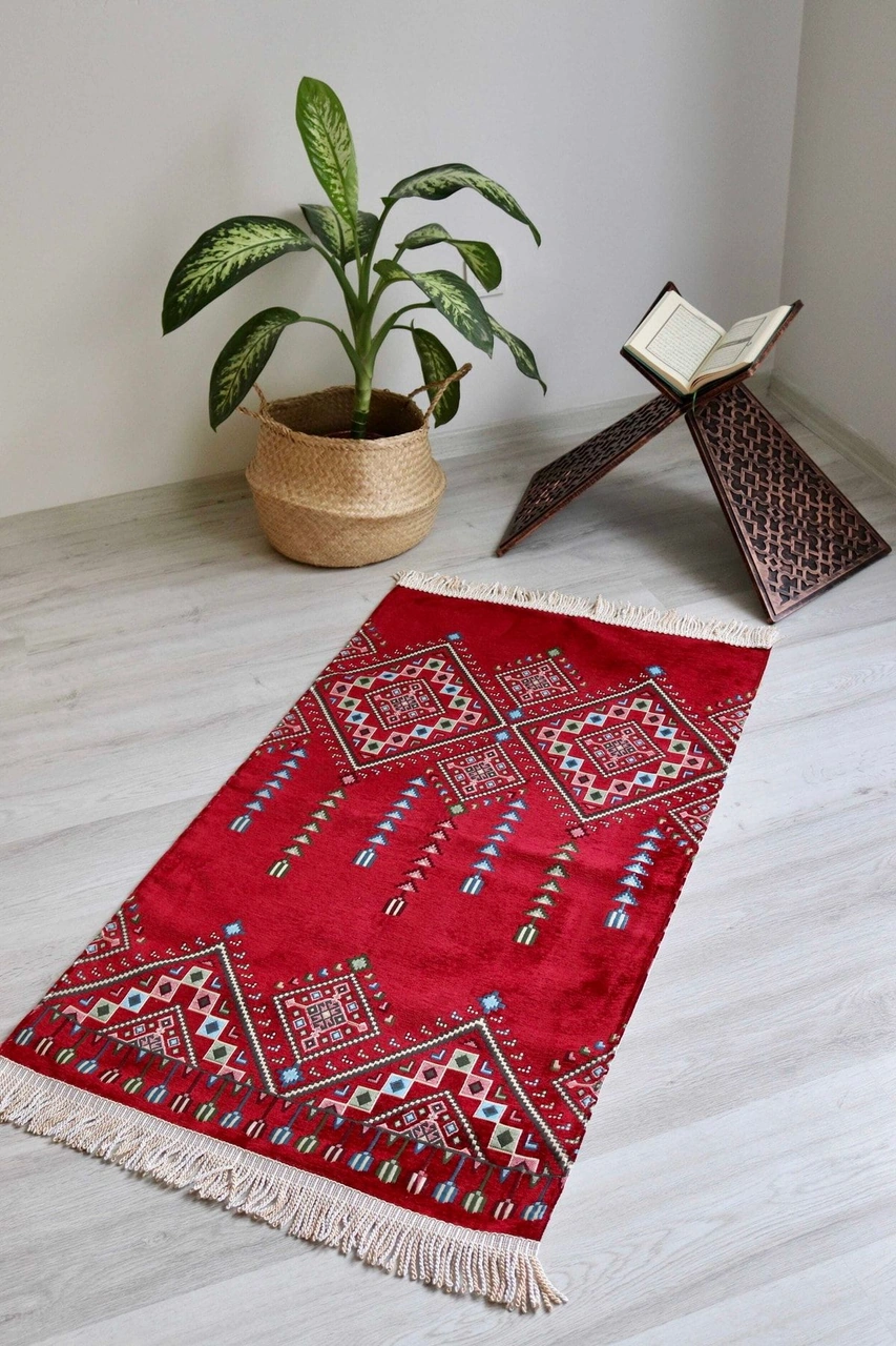Kilim Desenli Astarlı Lüks Seccade S1020 Krımızı Kırmızı
