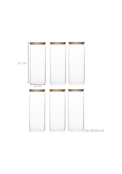 3-3 Bambu Vakumlu Kapaklı Yuvarlak Cam 6lı Kavanoz Seti Saklama Kabı 1650ml 10x25cm Diğer