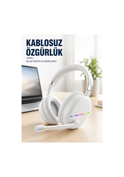 Kullanışlı Kablosuz Bluetooth Mikrofonlu Beyaz Kulaklık Rgb Işıklı