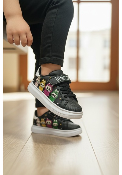 Enoch Sevimli Karakter Baskılı Cırt Cırtlı Çocuk Sneaker SİYAH-BEYAZ