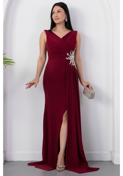 Kalopya Beli Taşlı Yırtmaçlı Abiye Elbise Ecr5301 Bordo