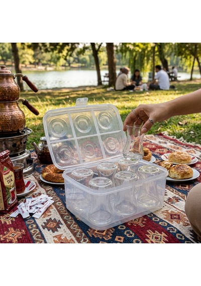 6'lı Plastik Çay Bardağı Taşıma Kutusu Kapaklı Piknik, Kamp & Seyahat Bardak Koruyucu Şeffaf