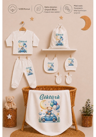 Pia Baby İsme Özel Erkek Bebek Zıbın Seti 8 Parça %100 Pamuk Hastane Çıkışı Keseli Hediye Seti 1056zybk0x Ekru