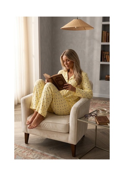 Fit Women Kadın Puantiyeli Ev Giyimi Sarı Pijama Takımı