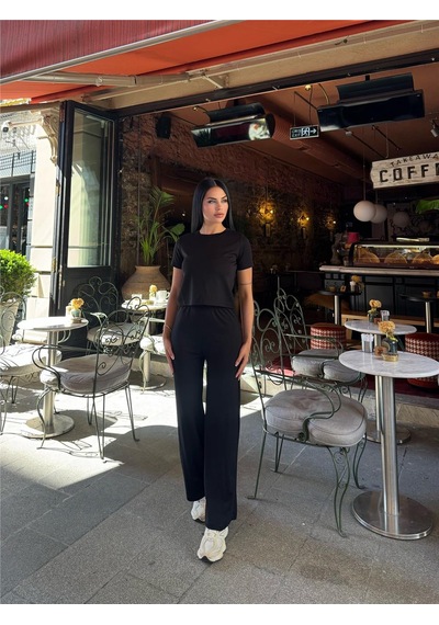 WeShaya Siyah Modal Polyester Palazzo Takım Siyah