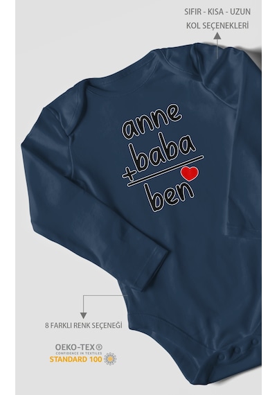 Anne Baba Ve Ben Baskılı Bebek Zıbını Çıtçıtlı Body %100 Pamuk Uzun Kol Lacivert