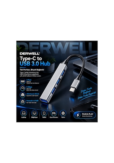 Yeni 2026 Çift Girişli Usb Hub Çoklayıcı 4 Portlu Type-c Ve Usb A 3.0 Dönüştürücü Adaptör Laptop Pc Telefon Tablet Uyumlu Tak Çalıştır Klavye Mouse Harddisk Kart Okuyucu Yazıcı Bağlantı Aparatı Gri