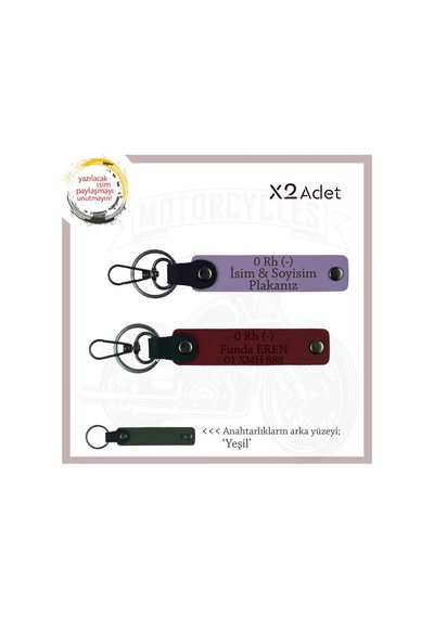 Otomobil Sahipleri İçin İsim Plaka Ve 0 Rh - Kan Grubu Yazılı 2' Li Anahtarlık Set, Mor-bordo-ysl