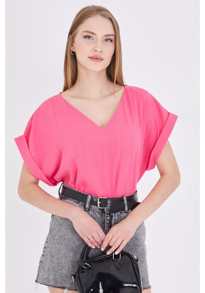 Armonika Kadın Fuşya V Yaka Yanları Yırtmaçlı Arkası Uzun Duble Kol Detaylı Oversize Bluz Arm-24y001074