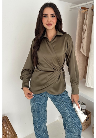 Noa & Noa Kadın Saten Yan Bağlamalı Kruvaze Gömlek Akışkan & Şehirli Stil Haki