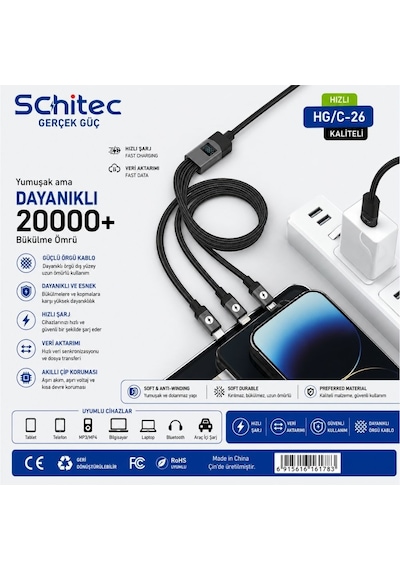 Schitec 5in1 100w Dijital Göstergeli Type-c Ve Usba Girişli Micro Type-c Lightning Çıkışlı Hızlı Şarj Ve Data Kablosu 1.2m Hg/c-26