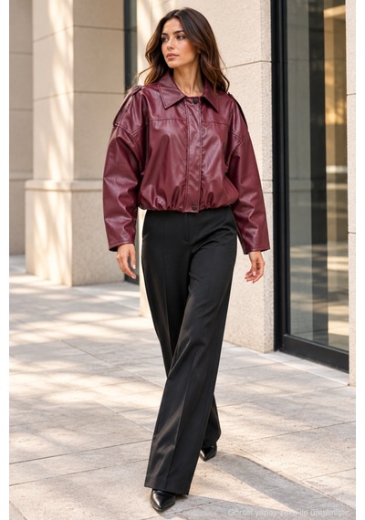 Polo State Kadın Oversize Suni Deri Fermuarlı Kısa Ceket - Bordo