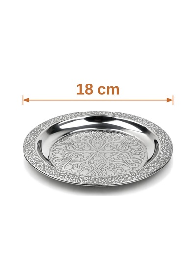 Binbir Trend 18 Cm İşlemeli Kenarlı Otantik Desenli Krom Çelik Meze Ve Servis Tabağı 10 Adet Gümüş