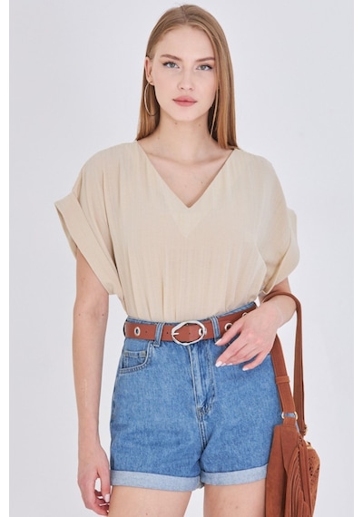 Armonika Kadın Krem V Yaka Yanları Yırtmaçlı Arkası Uzun Duble Kol Detaylı Oversize Bluz Arm-24y001074 Armonika Kadın Krem V Yaka Yanları Yırtmaçlı Arkası Uzun Duble Kol Detaylı Oversize Bluz Arm-24y001074
