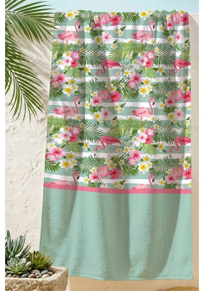 Flamingo Tropikal Çiçekli Plaj Havlusu - Mint Pembe Marine Hibiskus Hızlı Kuruyan Mikrofiber Havlu Bulut Melon