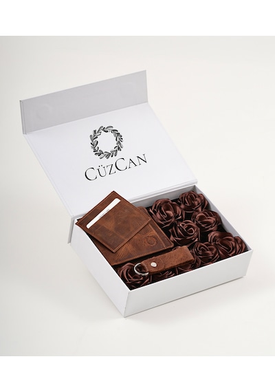 Premium Gift Rose Box M.utd Eskitme Taba Hakiki Deri Cüzdan Kartlık Anahtarlık Ve Kahve Gül Kutusu Kahverengi