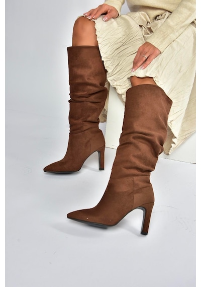 Fox Shoes L404868002 Kahverengi Süet İnce Topuklu Kadın Çizme Kahverengi-süet