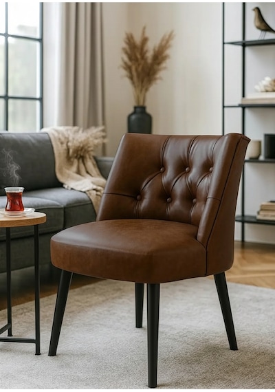Waterybrook Berjer Sandalye - Kapitoneli Suni Deri - Siyah Ahşap Ayaklı - Retro Modern Tasarım Acı Kahverengi