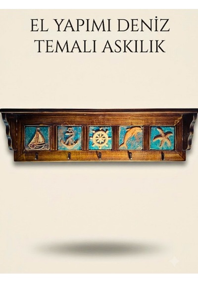 Anahtarlık, Duvara Asılabilir Taç Raflı Deniz Temalı Spirütüel Anahtar Askısı 53x8,5x15,5 H Ahşap