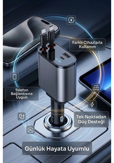 120w Hızlı Araç Şarj Cihazı Çift Usb-c + Usb 3 Port Pd Hızlı Şarj Adaptörü
