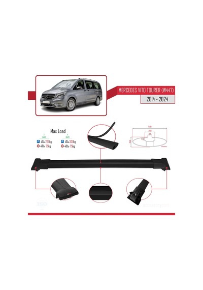 Mercedes Vito Tourer W447 2014 Ve Sonrası İle Uyumlu Fly Model Ara Atkı Tavan Barı Siyah 3 Adet Bar