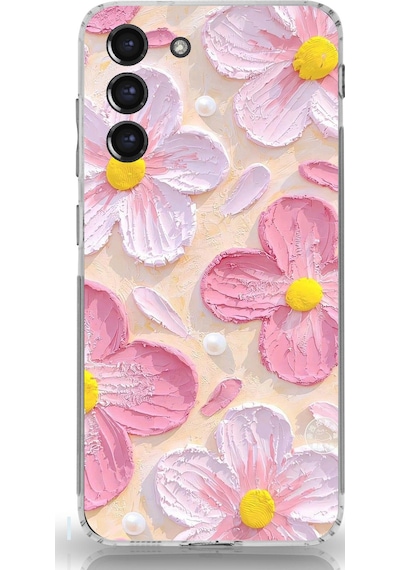 Samsung Galaxy S21 Fe Uyumlu Pembe Beyaz Çiçekler Sulu Boya Baskılı Silikon Kılıf Renkli