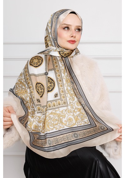 Sevitli Versace Desenli Hint İpeği Şal-krem-4536