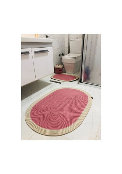 Jüt,hasır, 3 Lü Banyo Paspas Takımı, Bohem Tarzı Banyo Takımı,iskandinav Paspas/sepet Pembe Pembe