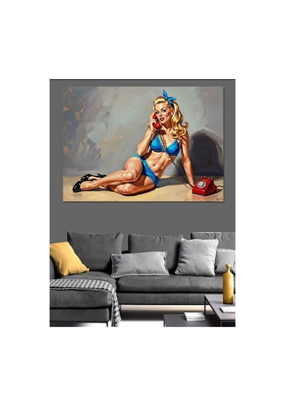 Telefonlu Retro Mavi Bikini Kadın Yağlı Boya Dokulu Kanvas Tablo Canvas Tablosu