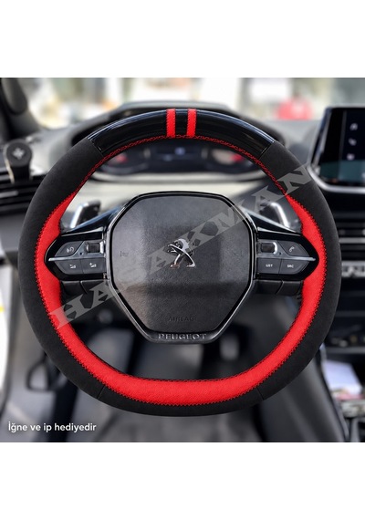 Peugeot Rifter Dikme Direksiyon Kılıfı Parlak Siyah Kırmızı Detaylı Kırmızı Çift Yüzük Ve Dikiş 2021-2024