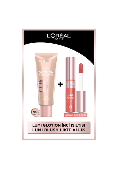 L'Oréal Paris Glotion Highlighter Likit Aydınlatıcı 902 Light Glow + Lumi Blush Likit Allık Glowy True Rose