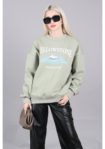Mint Yeşili Bisiklet Yaka Baskılı Sweatshirt Mg1571