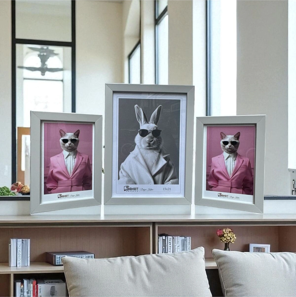 Dekoratif Ahşap Sanat Üçlü Resim Çerçevesi Gri