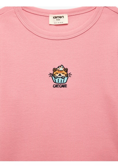 Koton Kedi Nakışlı Slim Fit Pamuklu Kaşkorse Bisiklet Yaka Uzun Kollu Tişört Pembe 7wkg10518ak Gül