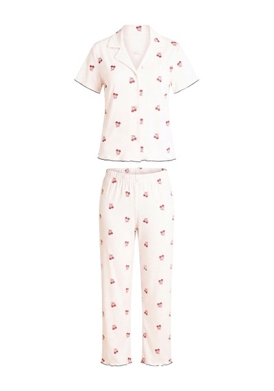 Cottonhill Krem Kiraz Desenli Pointel Gömlek Yaka Kadın Pijama Takımı