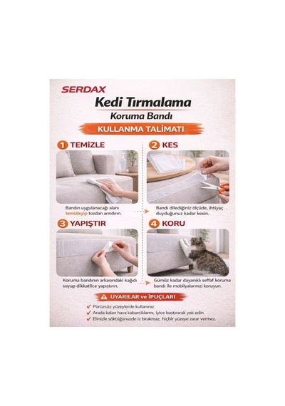 Kendinden Yapışkanlı Kedi Tırmalama Koruma Bandı 20x45 Cm Şeffaf Koltuk Duvar Çizik Önleyici Şeffaf