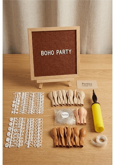 Boho Toprak Tonları Süsleme Classic Set Kahve Keçe Yazı Panosu Standlı Pompa Balon Zincirli Tüm Yaşlar