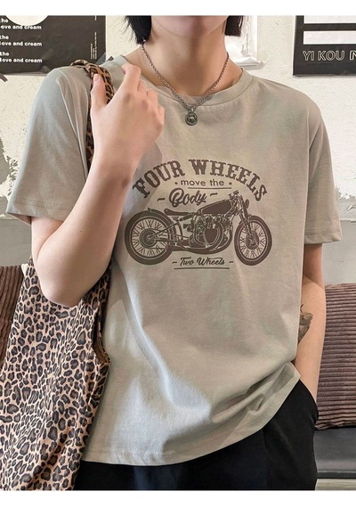 Flood Of Style Kadın Açık Kahve Four Baskılı Bisiklet Yaka Tshirt Lacivert