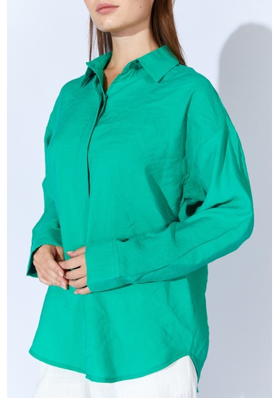 Manche Yeşil Modal Soft Dokulu Yumuşak Gizli Pat Detaylı Oversize Kadın Gömlek Mks168262-01