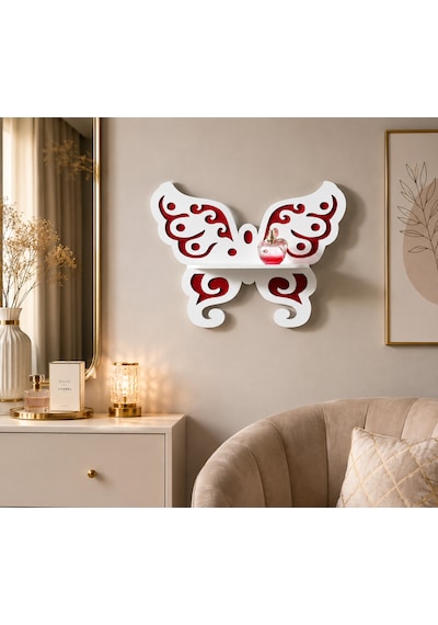 Ahşap Lazer Kesim Kelebek Duvar Rafı - Çocuk Odası Dekoratif Kitaplık Ve Parfümlük 33x35 Cm " Beyaz
