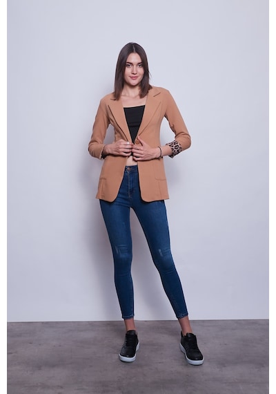 Jument Yakalı Cepli Uzun Kol Kolu İsterse Katlanabilen Kumaş Blazer Ofis Ceket-camel