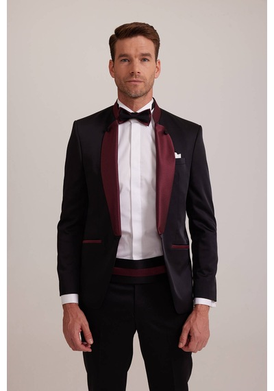 Ysf Erkek Bordo Siyah Slim Fit Şal Hakim Yaka Damatlık Bordo - Siyah