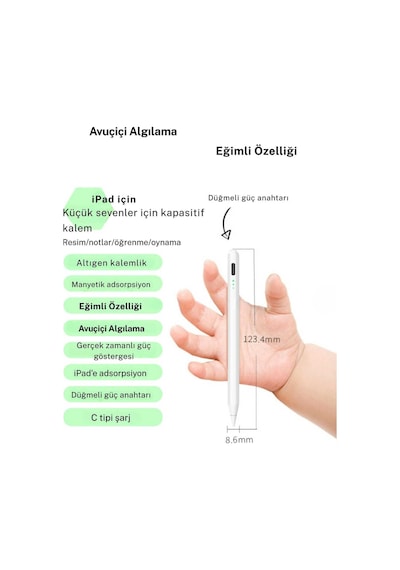 Fuchsia İpad Uyumlu Çocuk Boy Eğime Duyarlı Ve Avuç İçi Reddetmeli Aktif Dokunmatik Tablet Kalemi Beyaz