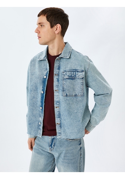 Koton Pamuklu Uzun Kollu Kapaklı Cep Detaylı Oversize Denim Ceket Açık İndigo 5sam50001ıd Açık İndigo