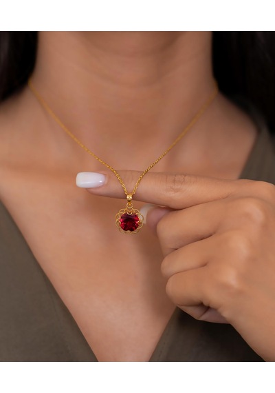 Bayar Gold 14 Ayar Altın Kırmızı Taşlı Telkari Kolye Sarı Altın